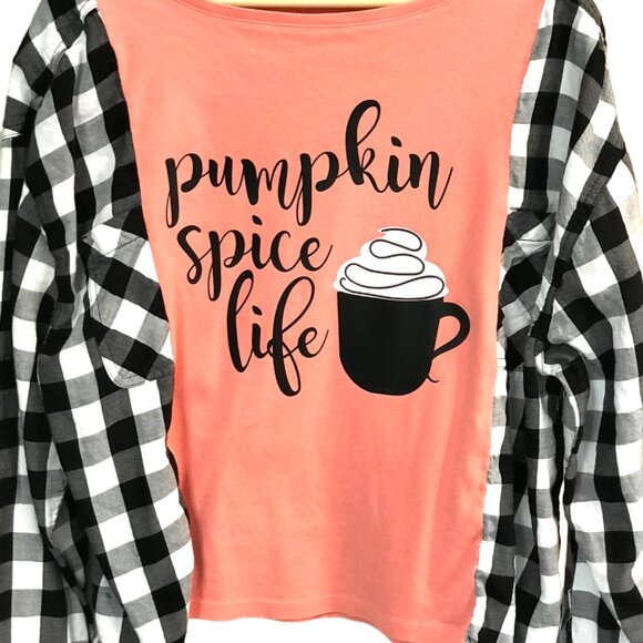 Reworked Flannel Tee Size M-L: Upcycled Oversized Pumpkin Spice Coffee Graphic - Picture 6 of 9